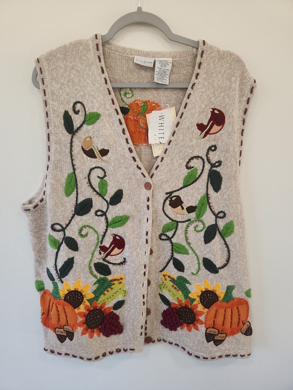 Vintage Fall Theme Pumpkins Sunflowers Embroidered Button Sweater Vest Sz 18